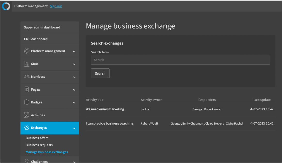 New admin view for business skill exchanges